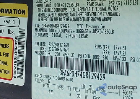 2016 Ford Fusion Se из США, поврежденный, VIN 3FA6P0H74GR129429